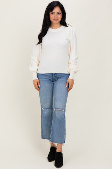 Ivory Ribbed Bubble Sleeve Knit Top