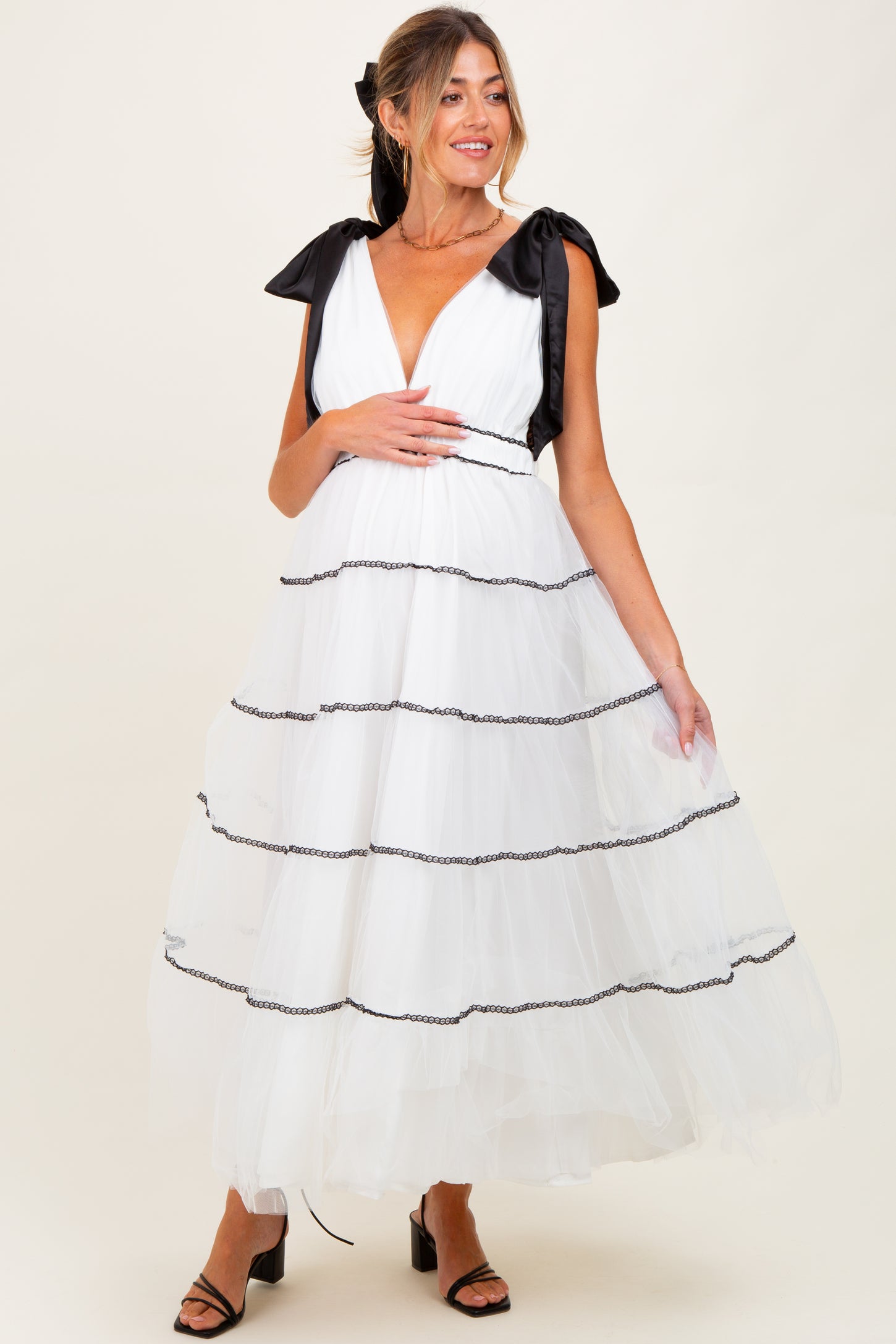 White Shoulder Bow Tie Lace Detail Tulle Maternity Midi Dress