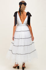 White Shoulder Bow Tie Lace Detail Tulle Maternity Midi Dress