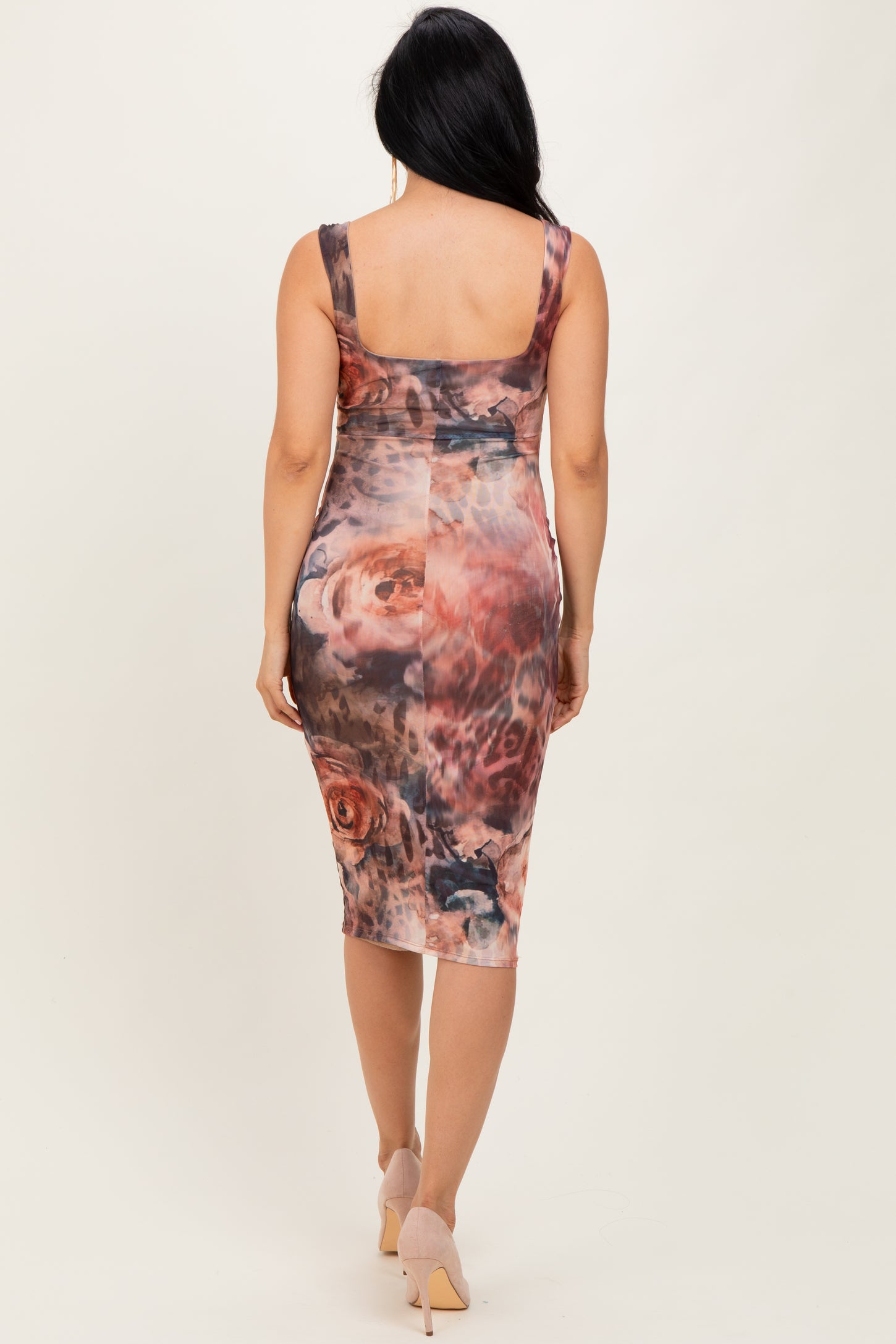 Light Pink Floral Animal Print Cutout Midi Dress