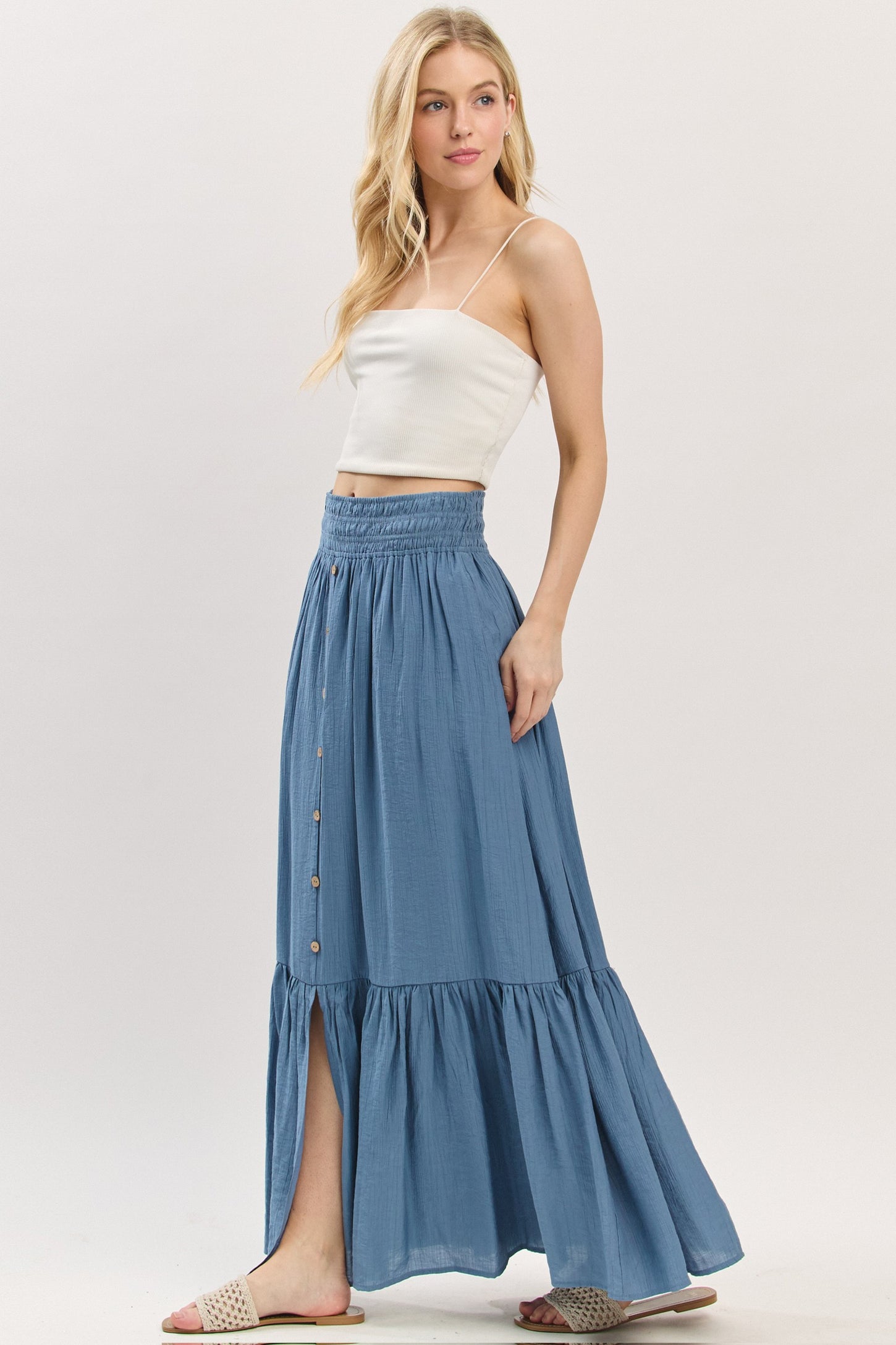 Blue Smocked Waist Button Accent Maxi Skirt