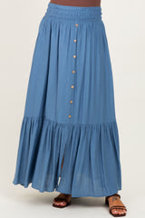Blue Smocked Waist Button Accent Maternity Maxi Skirt