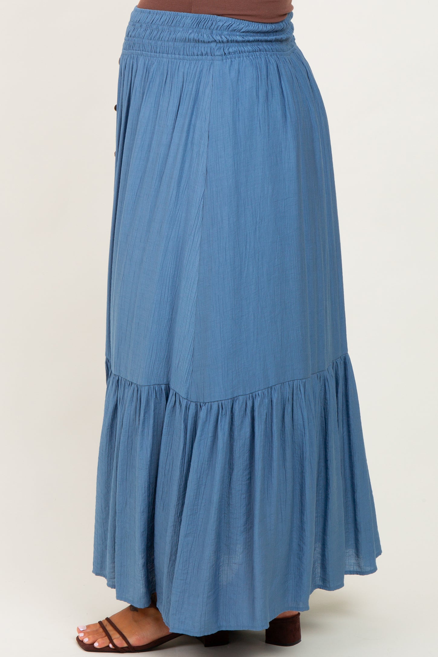 Blue Smocked Waist Button Accent Maternity Maxi Skirt