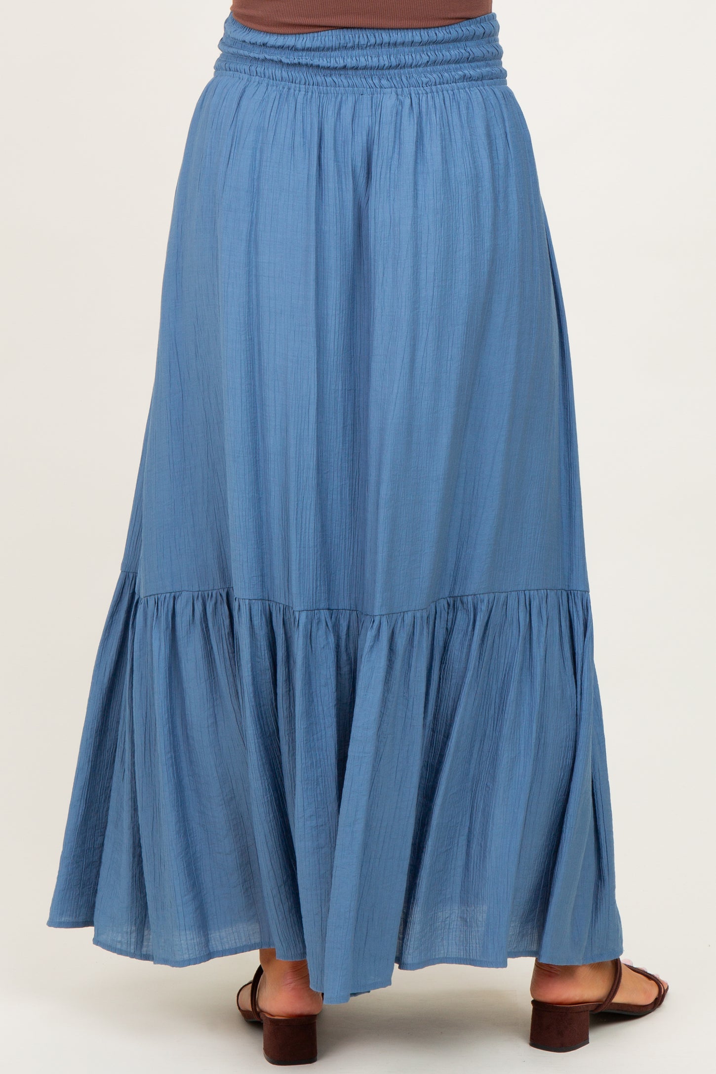 Blue Smocked Waist Button Accent Maternity Maxi Skirt