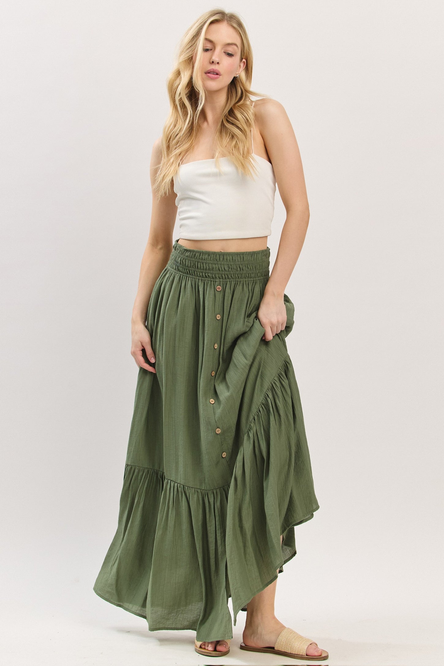 Olive Smocked Waist Button Accent Maternity Maxi Skirt