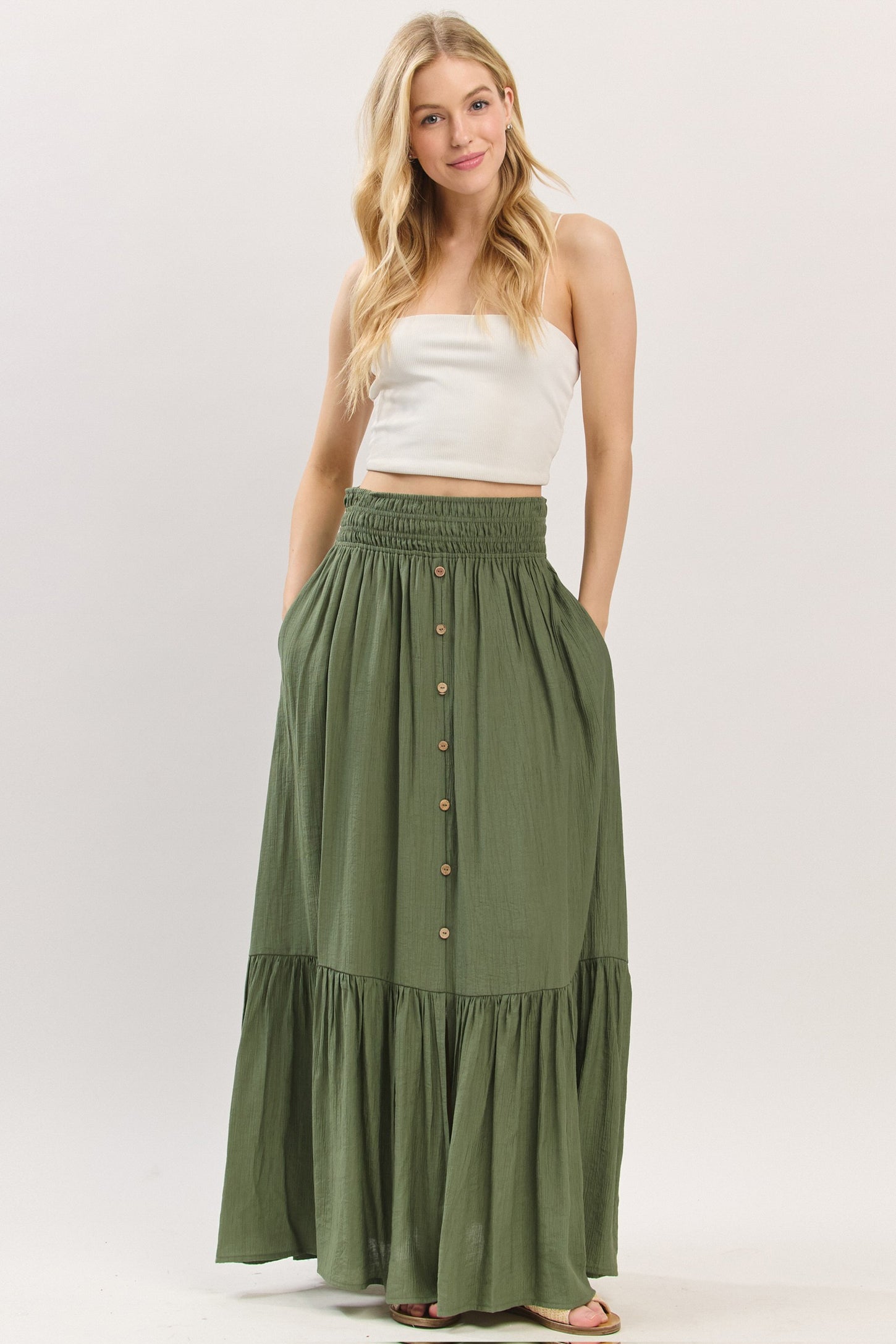 Olive Smocked Waist Button Accent Maxi Skirt