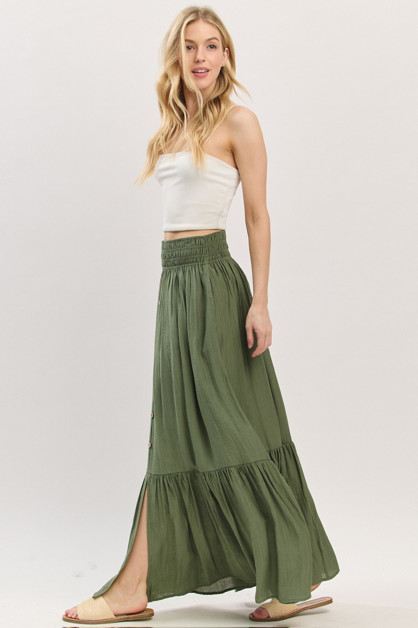 Olive Smocked Waist Button Accent Maxi Skirt