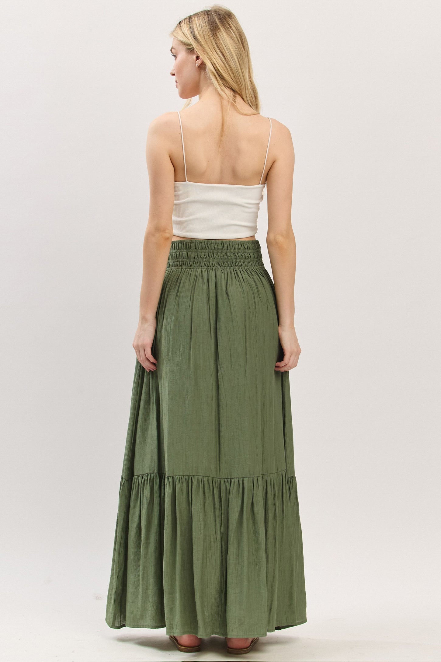 Olive Smocked Waist Button Accent Maxi Skirt