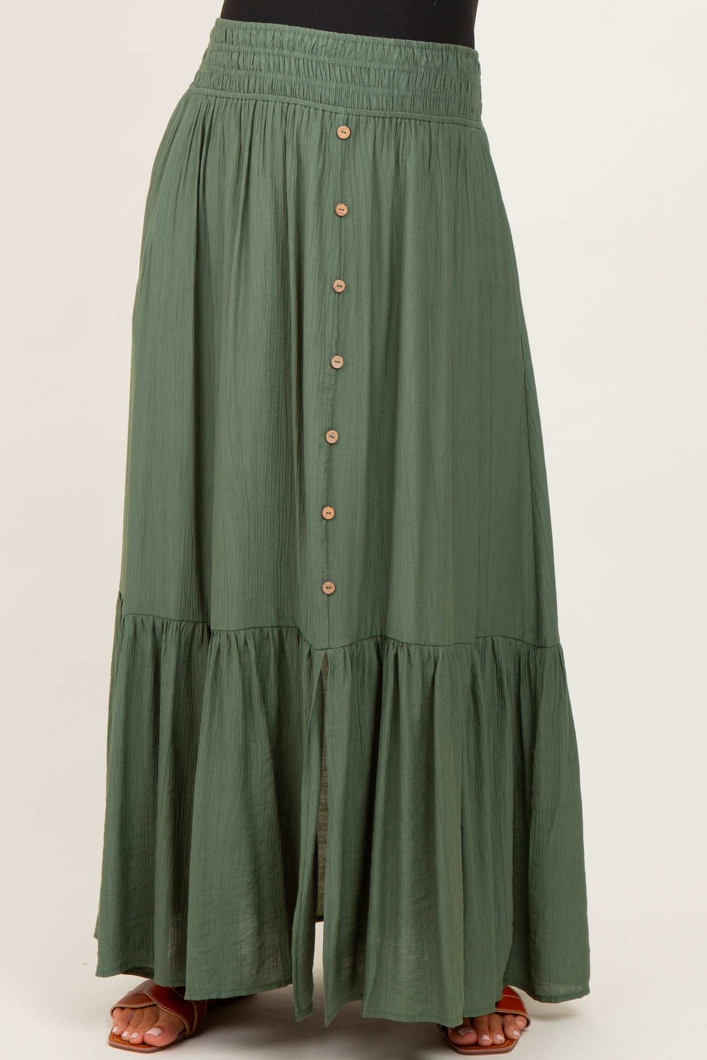 Olive Smocked Waist Button Accent Maternity Maxi Skirt
