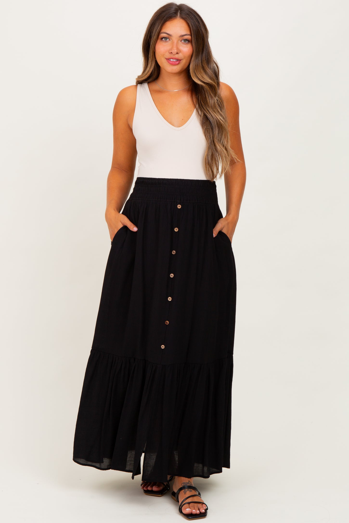 Black Smocked Waist Button Accent Maternity Maxi Skirt