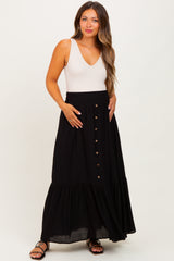 Black Smocked Waist Button Accent Maternity Maxi Skirt