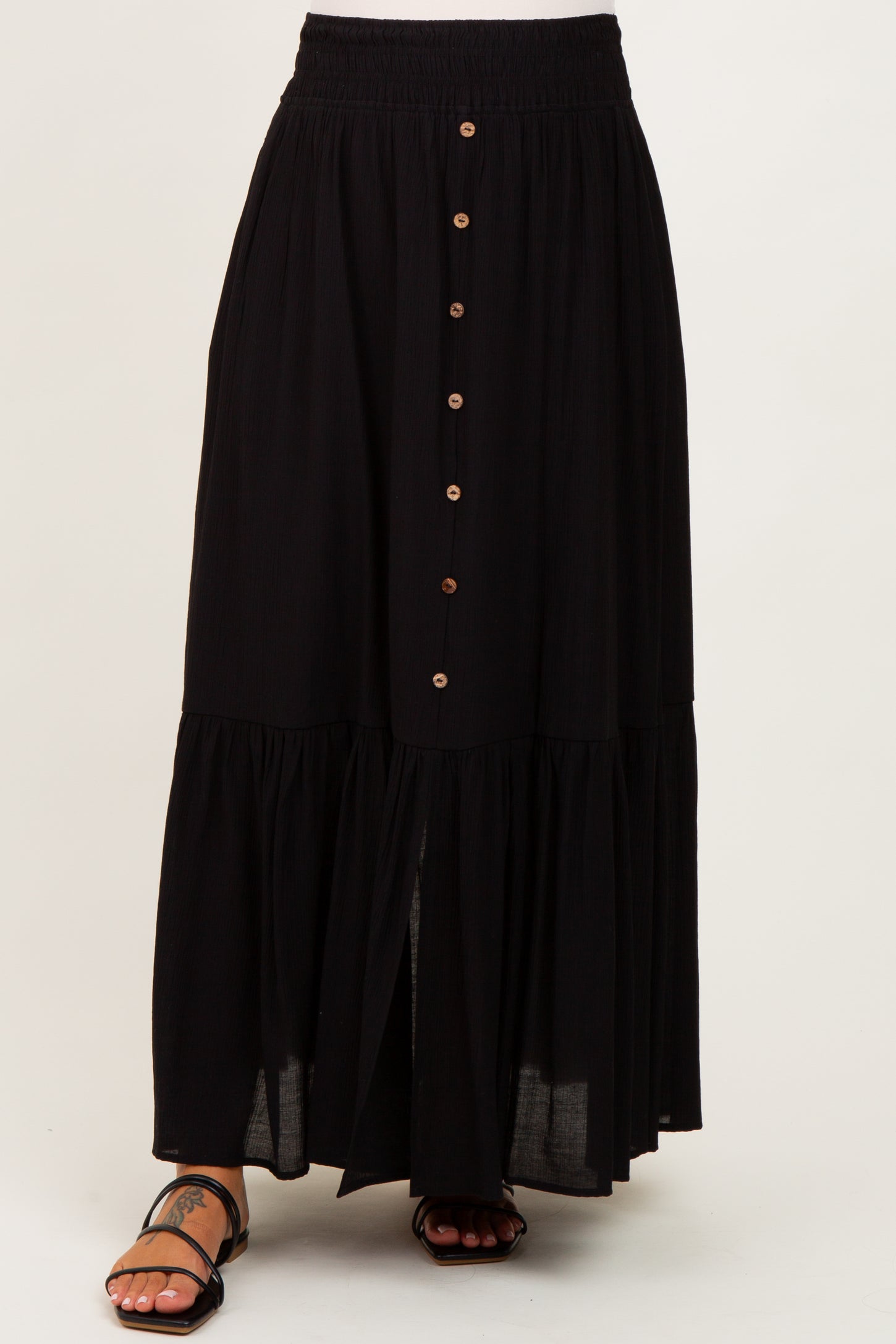 Black Smocked Waist Button Accent Maternity Maxi Skirt