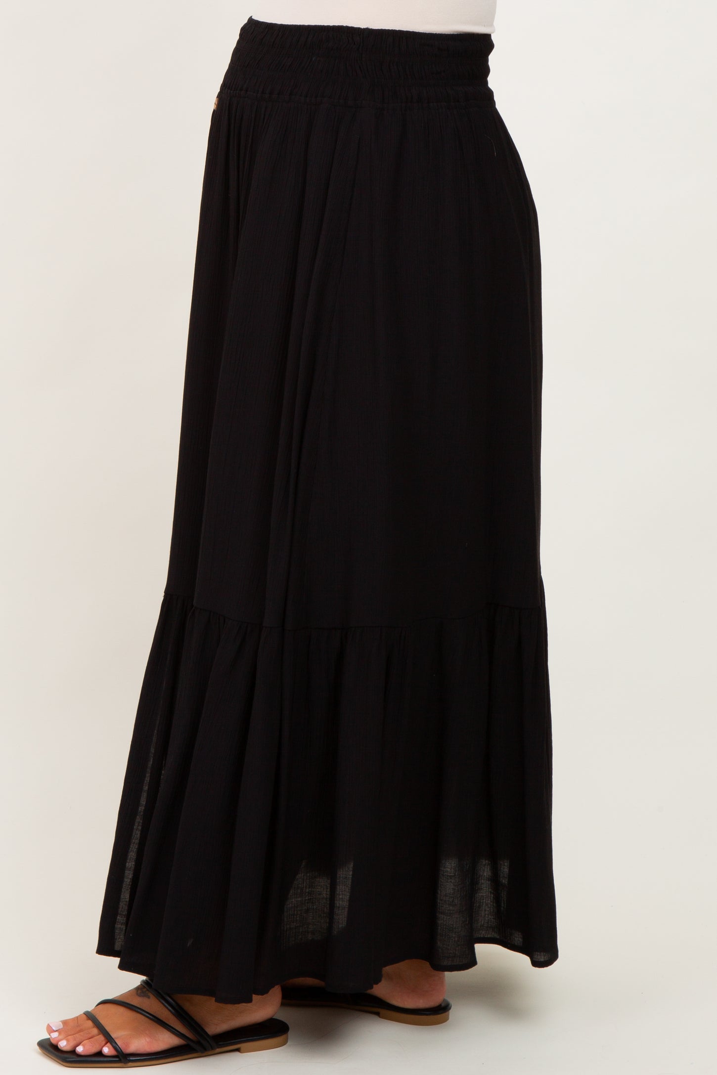 Black Smocked Waist Button Accent Maternity Maxi Skirt