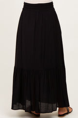 Black Smocked Waist Button Accent Maternity Maxi Skirt