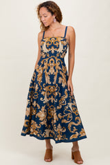 Dark Teal Damask Sleeveless Maxi Dress