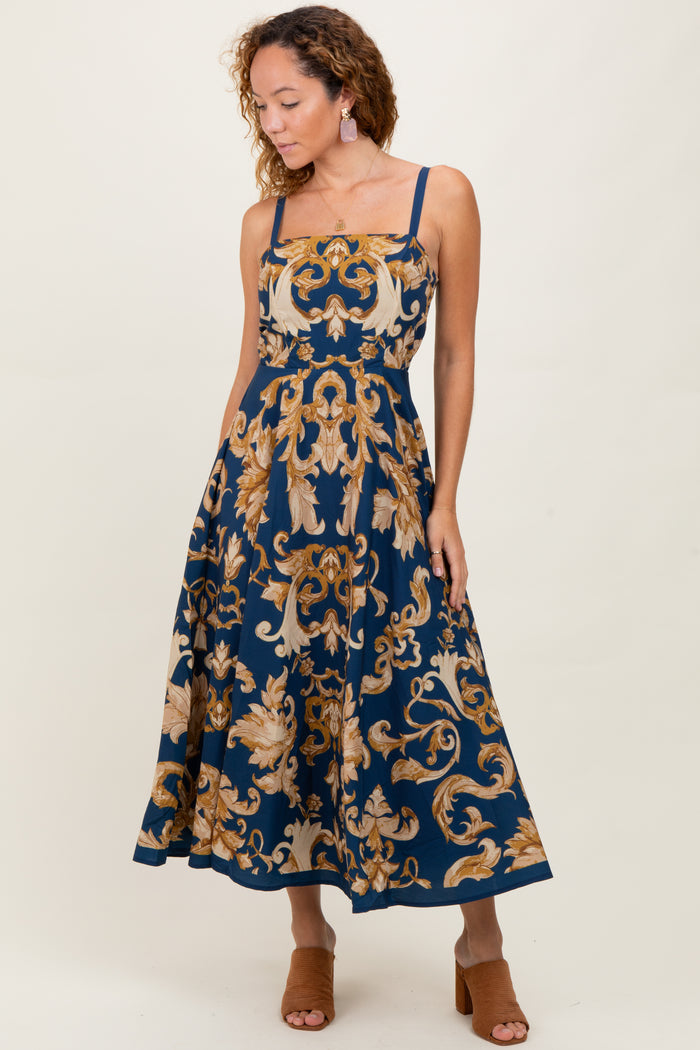 Dark Teal Damask Sleeveless Maternity Maxi Dress