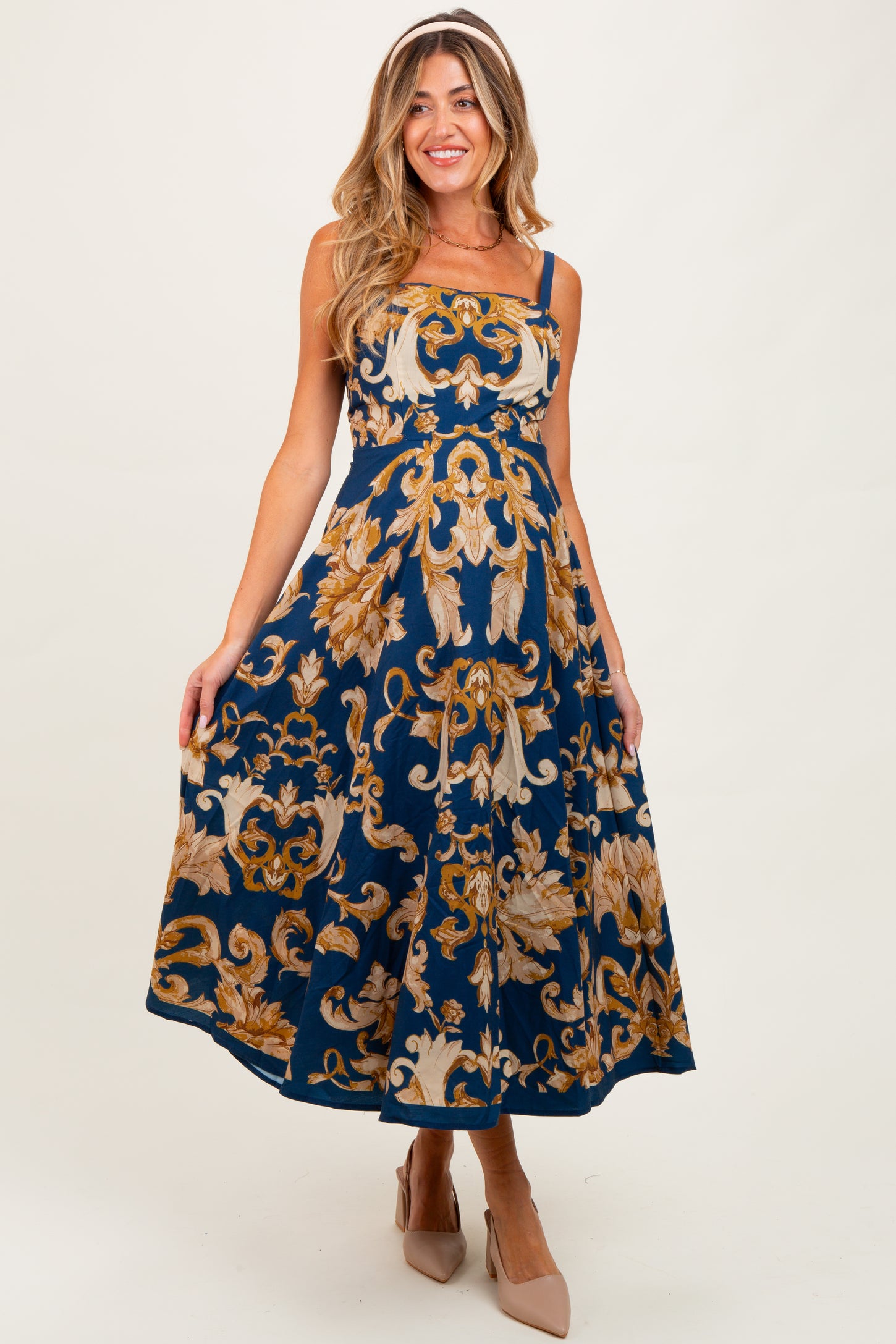 Dark Teal Damask Sleeveless Maternity Maxi Dress