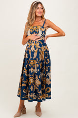 Dark Teal Damask Sleeveless Maternity Maxi Dress