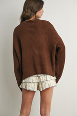 Brown Waffle Knit Side Slit Sweater