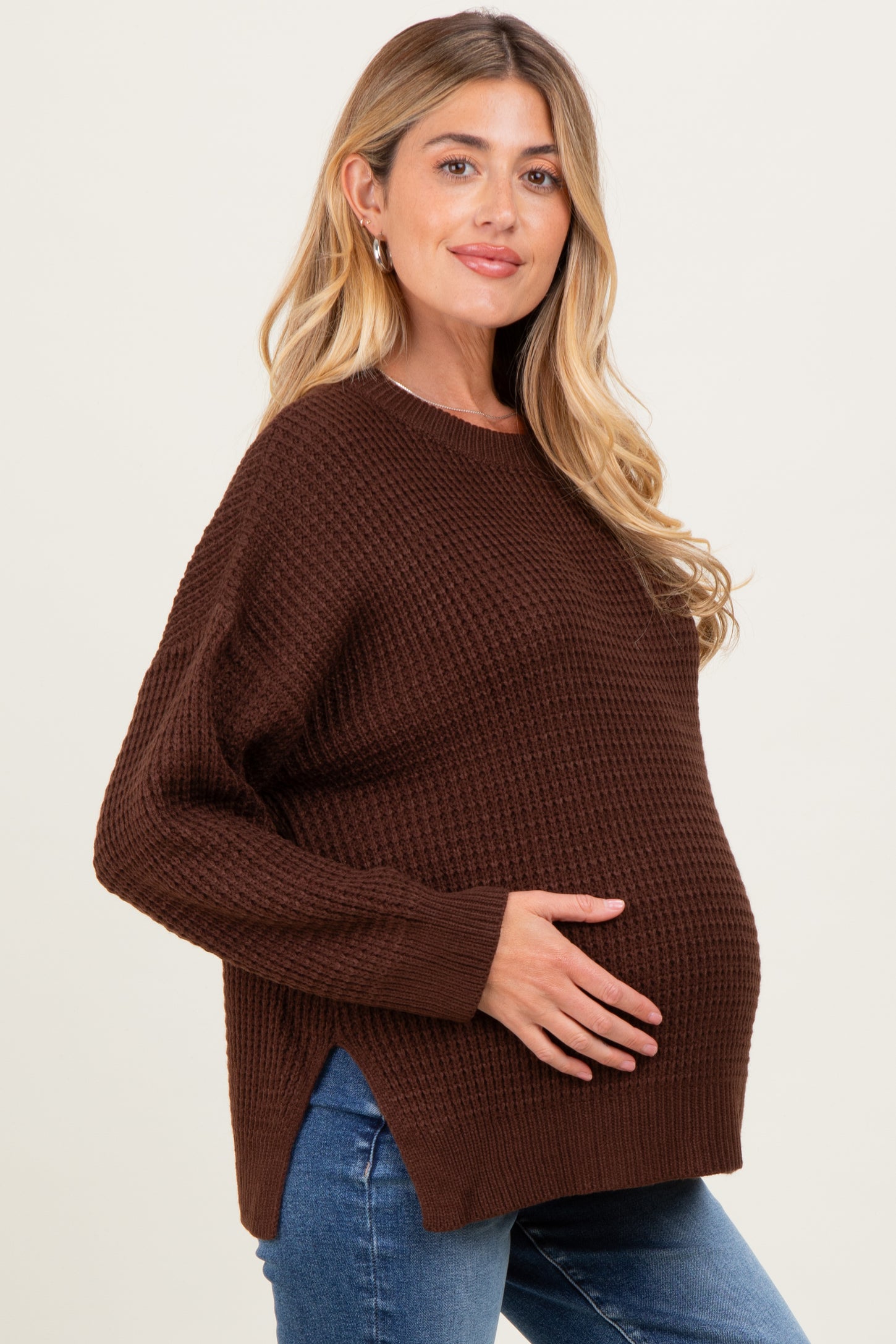 Brown Waffle Knit Side Slit Maternity Sweater