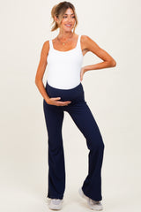 Navy Ribbed Split Flare Maternity Leggings