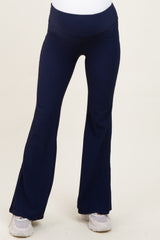Navy Ribbed Split Flare Maternity Leggings
