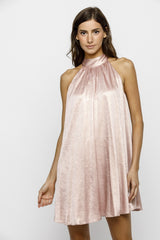 Light Pink Textured Satin Bow Tie Mini Dress