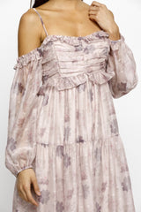 Light Pink Floral Off Shoulder Long Sleeve Tiered Maxi Dress