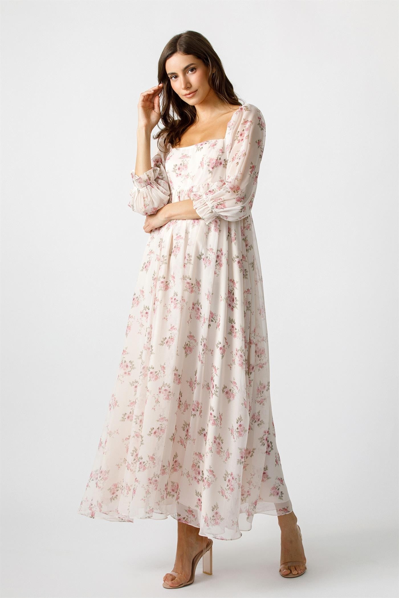 Light Pink Floral Chiffon Long Sleeve Maternity Maxi Dress
