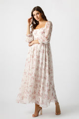 Light Pink Floral Chiffon Long Sleeve Maternity Maxi Dress