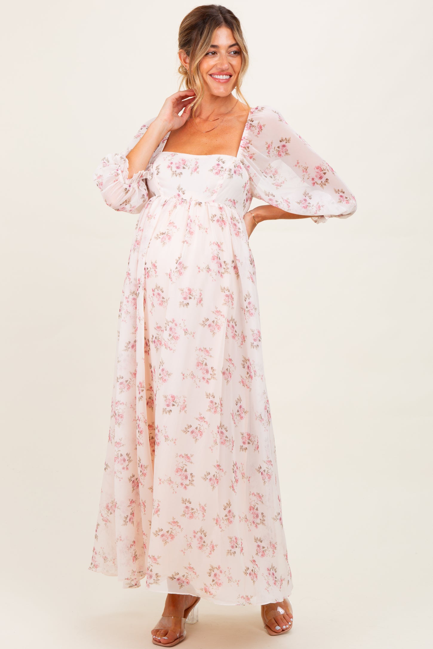 Light Pink Floral Chiffon Long Sleeve Maternity Maxi Dress