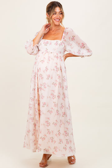 Light Pink Floral Chiffon Long Sleeve Maternity Maxi Dress