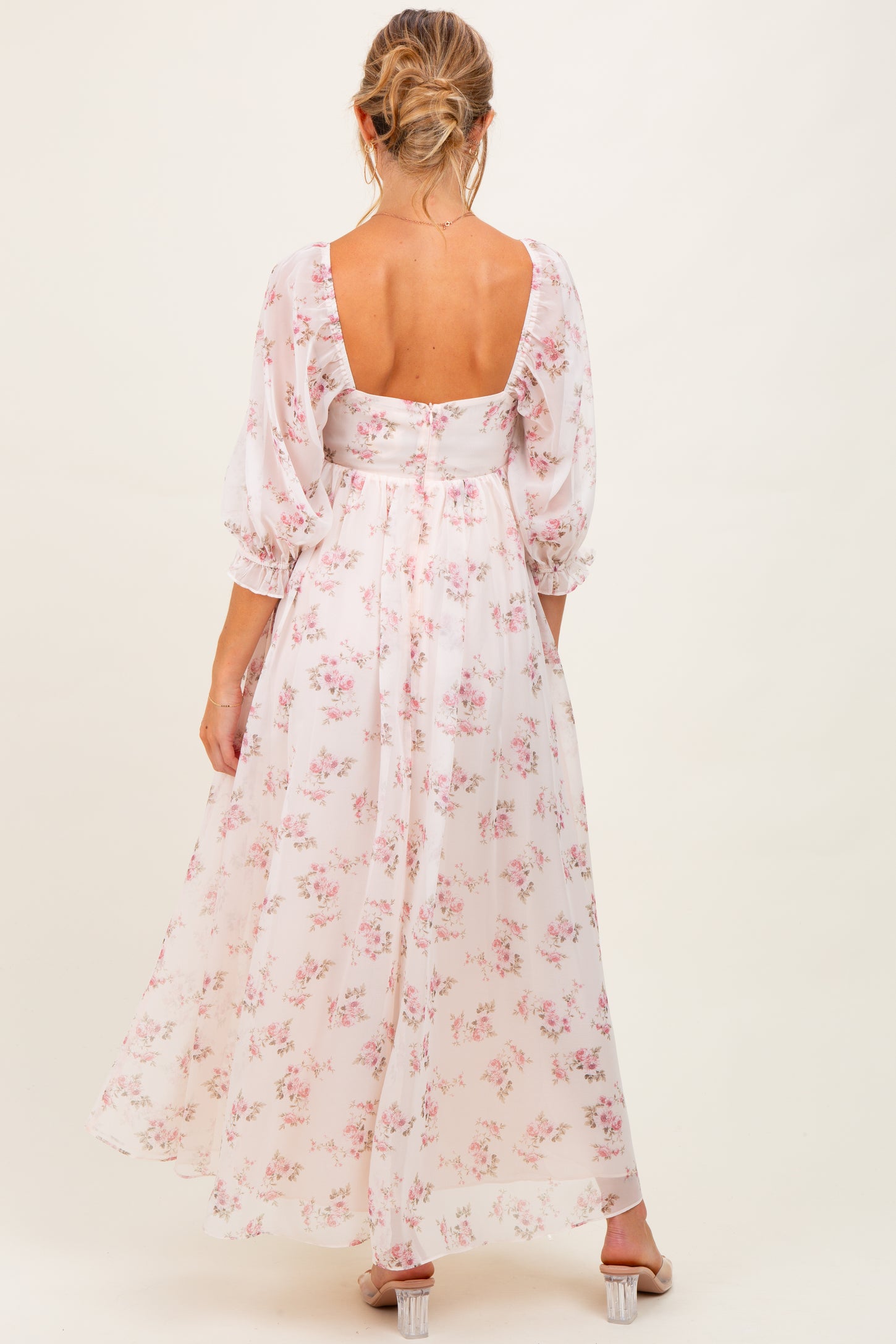 Light Pink Floral Chiffon Long Sleeve Maternity Maxi Dress
