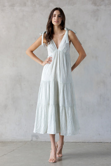 Light Blue V-Neck Shoulder Tie Midi Dress