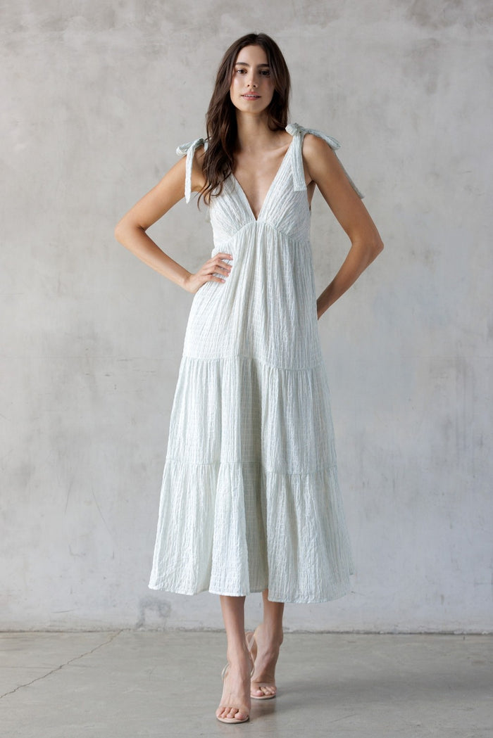 Light Blue V-Neck Shoulder Tie Midi Dress