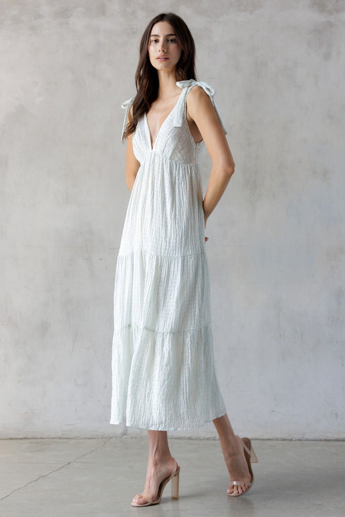 Light Blue V-Neck Shoulder Tie Midi Dress