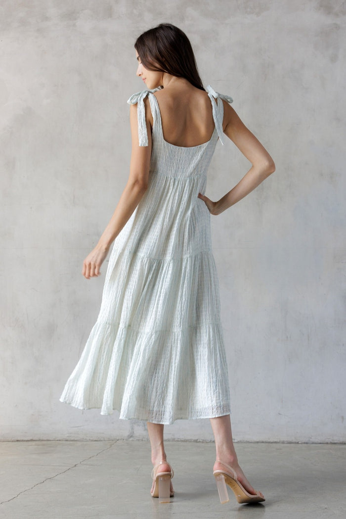 Light Blue V-Neck Shoulder Tie Midi Dress