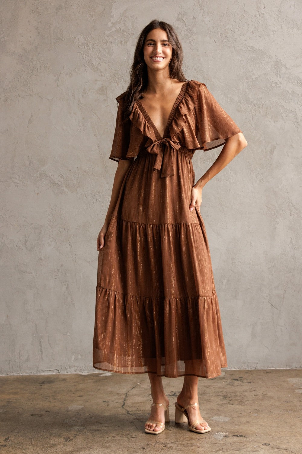 Brown Metallic Chiffon Ruffle V-Neck Maternity Midi Dress
