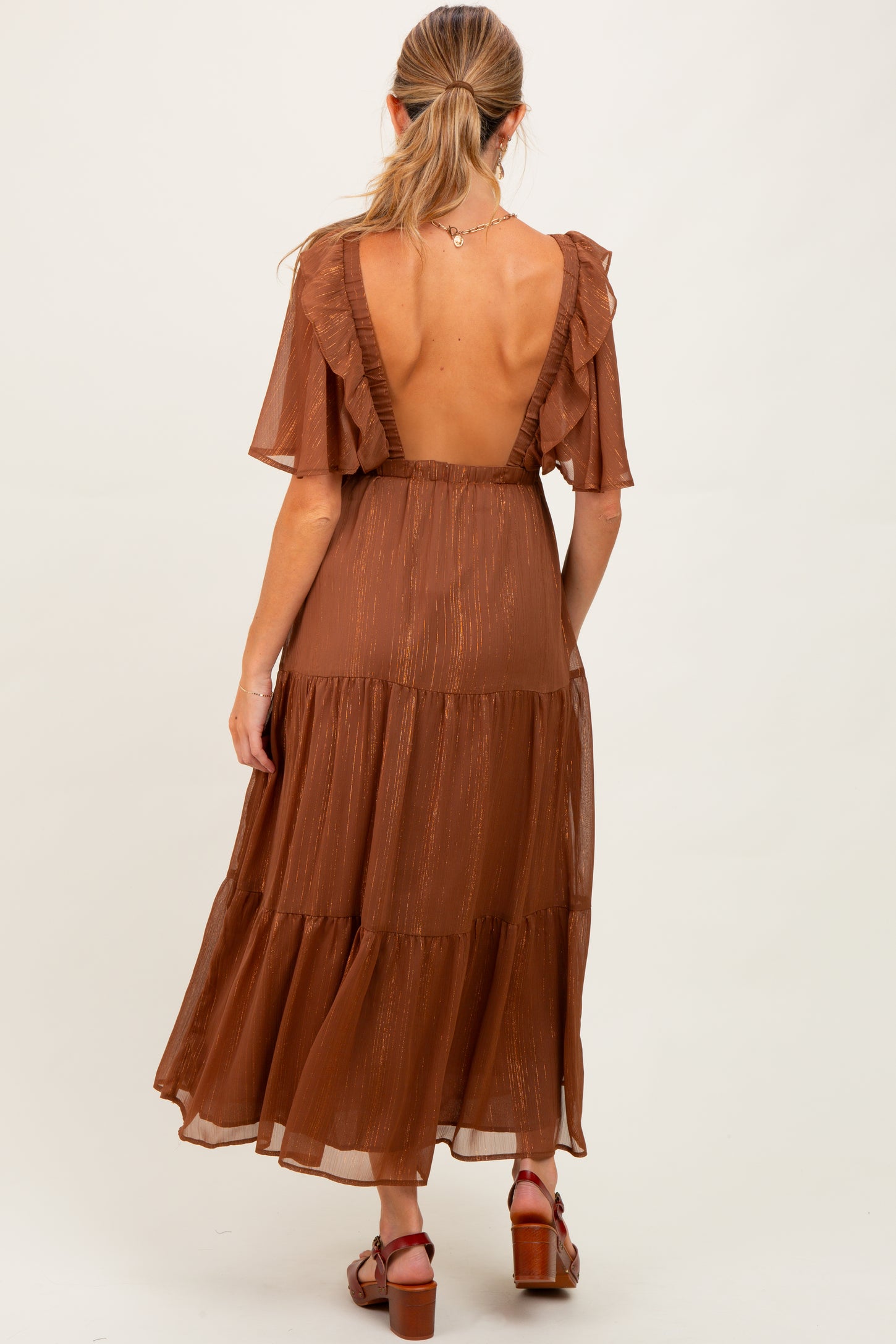 Brown Metallic Chiffon Ruffle V-Neck Maternity Midi Dress