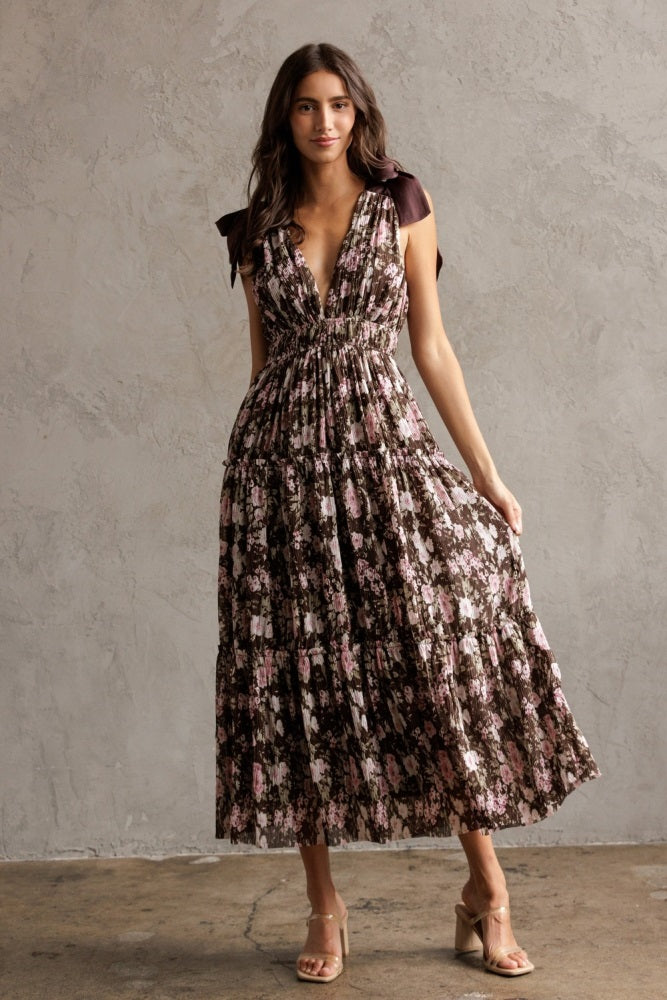 Brown Floral V-Neck Shoulder Tie Maternity Midi Dress