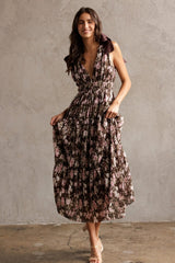 Brown Floral V-Neck Shoulder Tie Midi Dress
