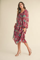 Burgundy Floral Chiffon Smocked Ruffle Tiered Midi Dress