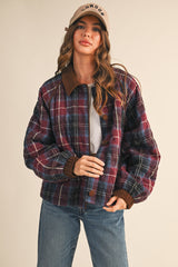 Plum Plaid Quilted Corduroy Contrast Jacket
