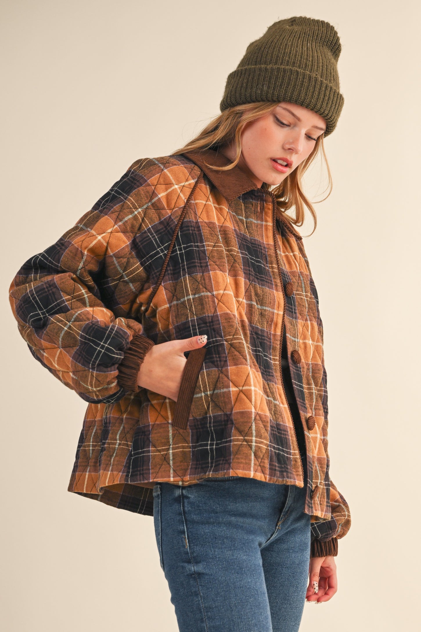 Brown Plaid Quilted Corduroy Contrast Jacket