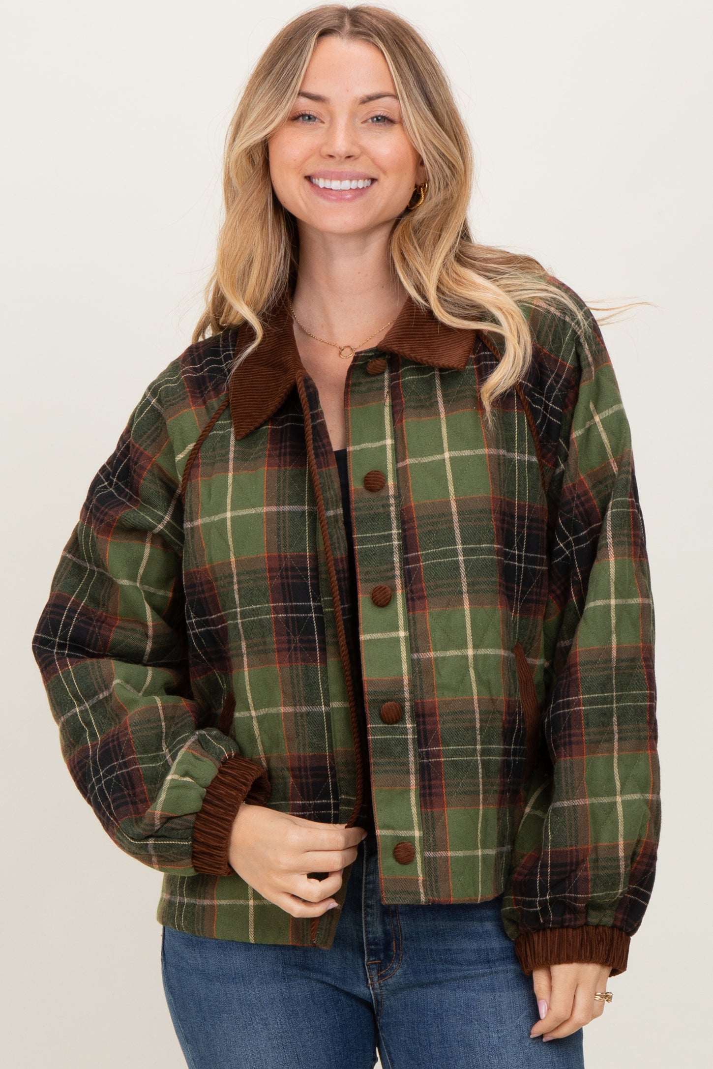 Olive Plaid Quilted Corduroy Contrast Maternity Jacket