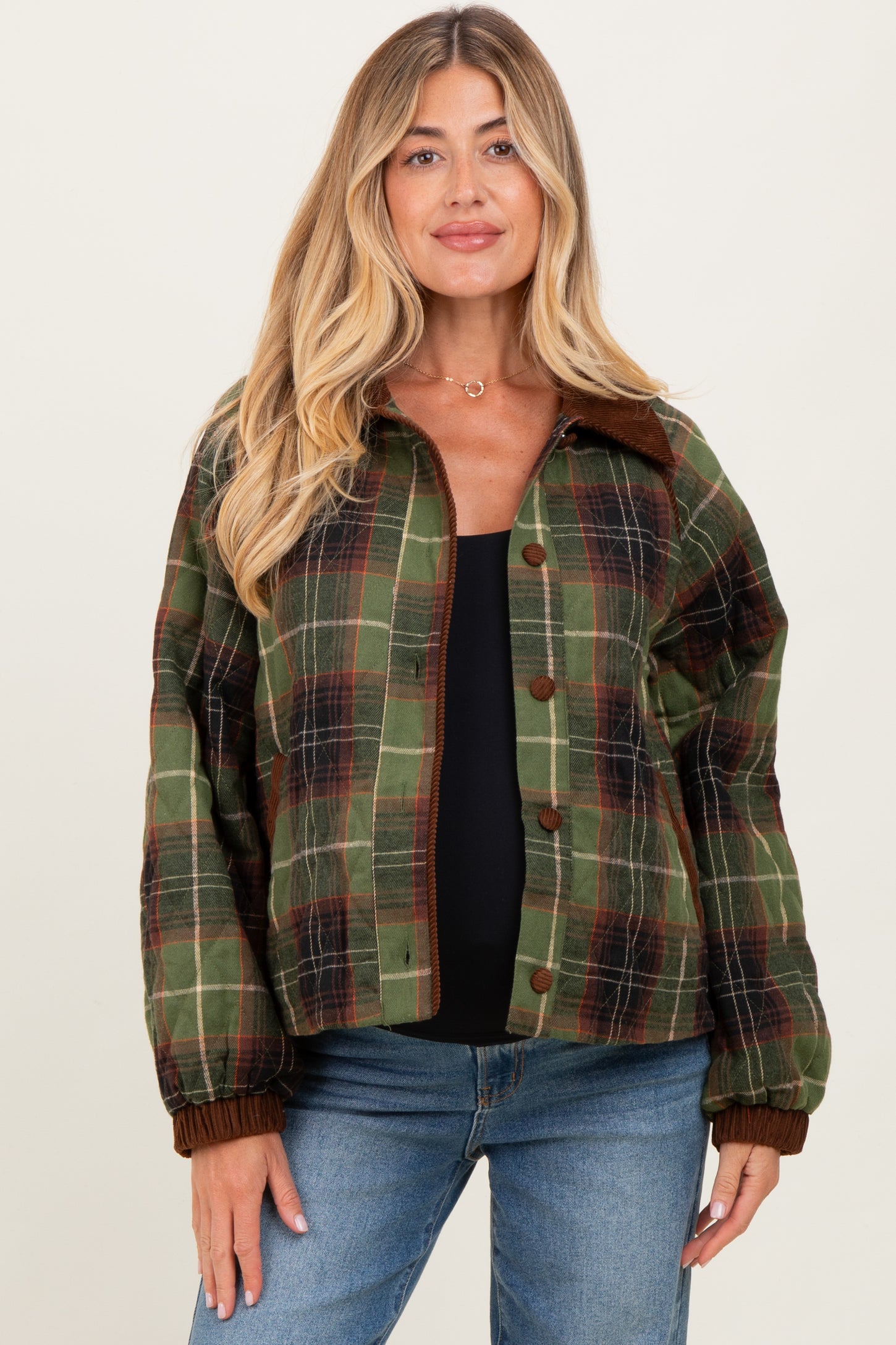 Olive Plaid Quilted Corduroy Contrast Maternity Jacket