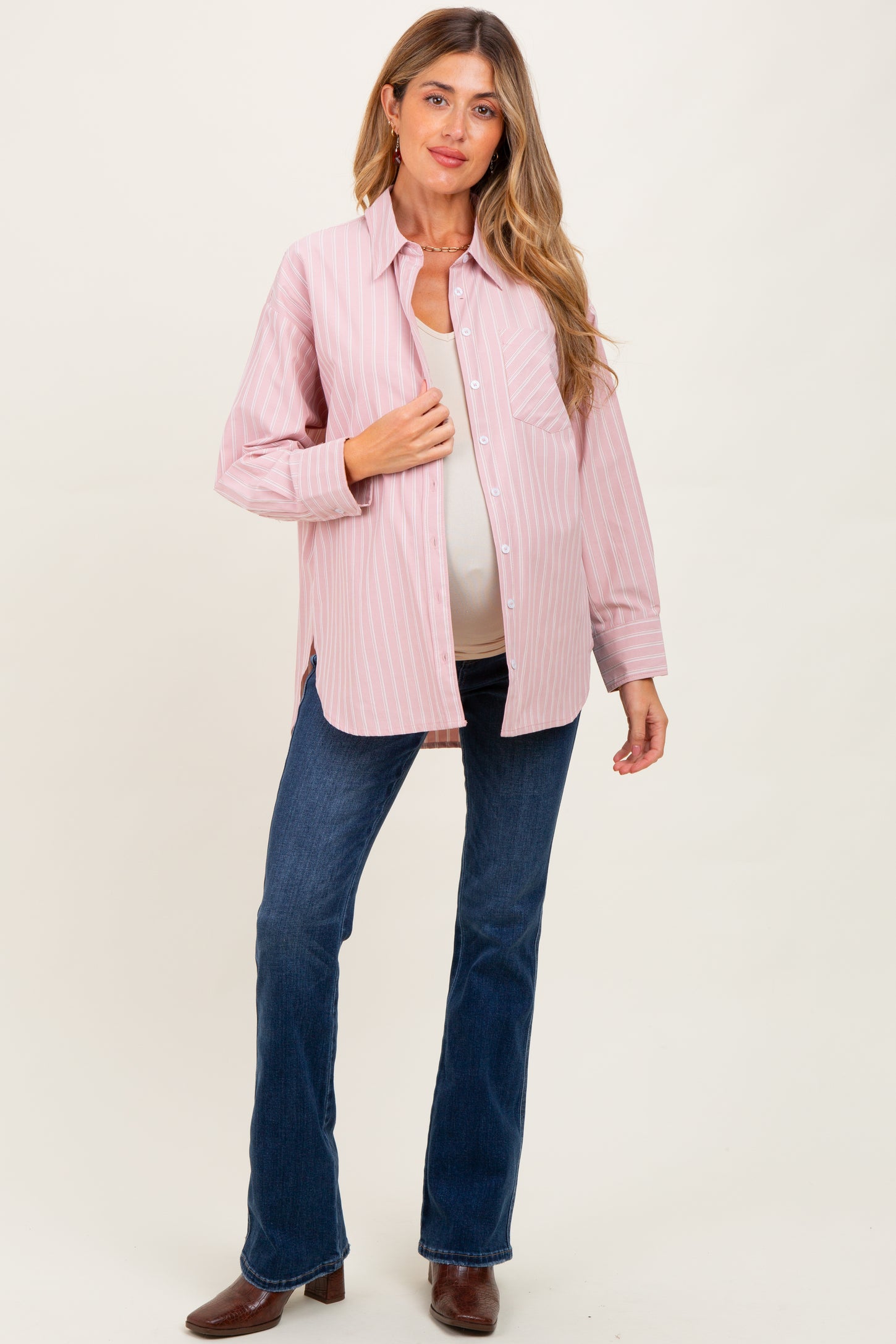 Mauve Striped Button Down Oversized Maternity Shirt