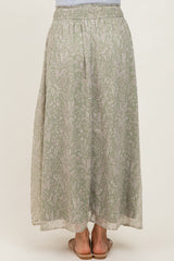 Light Olive Floral Chiffon Button Detail Maxi Skirt