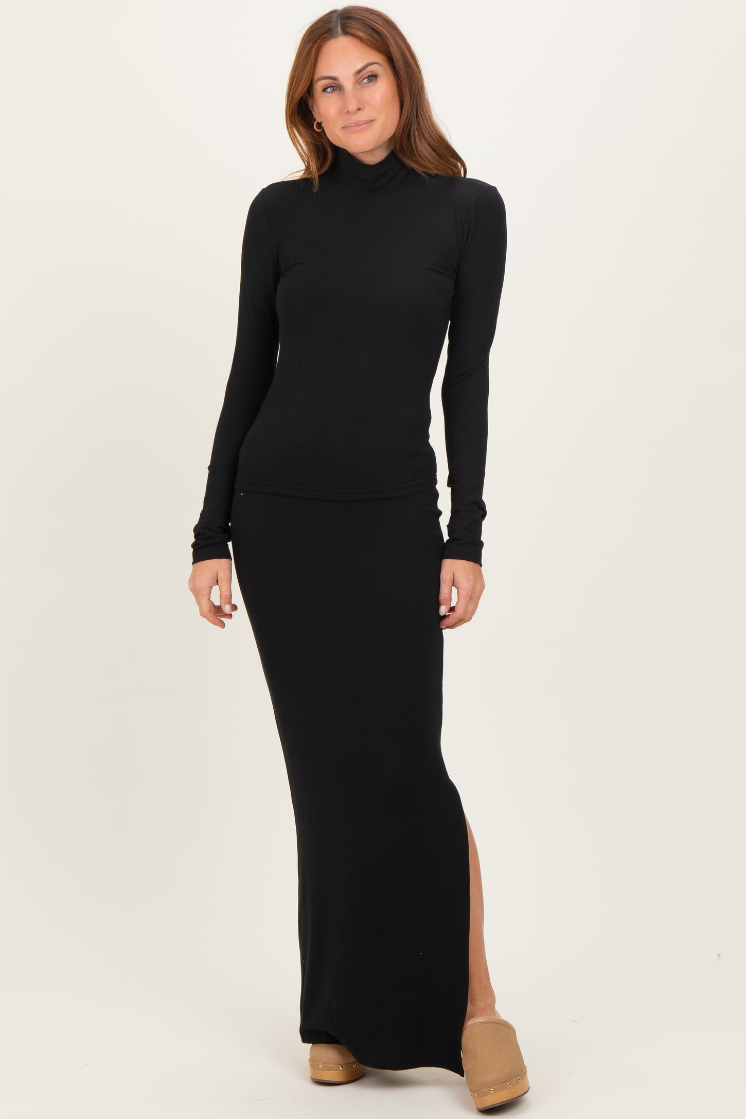 Black Turtleneck Top Maxi Skirt Maternity Set