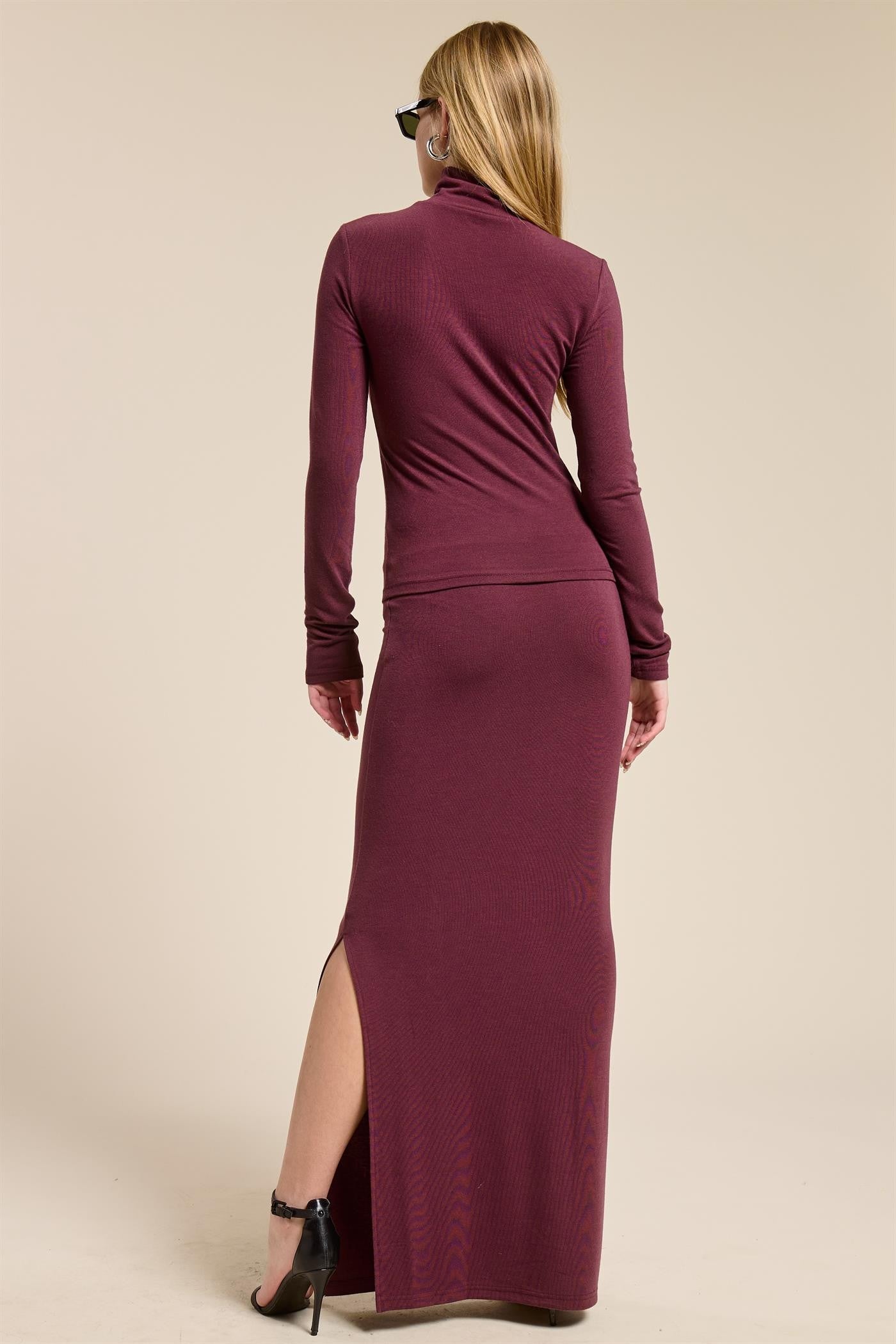 Burgundy Turtleneck Top Maxi Skirt Set